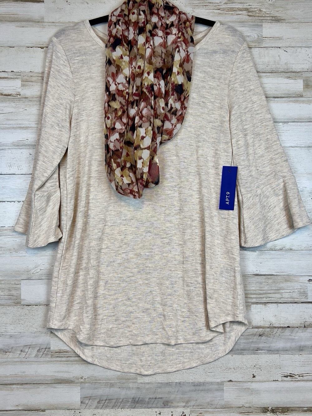 Apt. 9 Women's Beige Knit Top Floral Scarf Set Size M NWT 3/4 Flare Sleeve